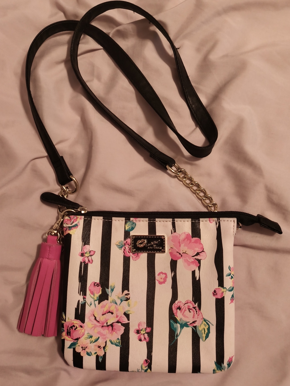 Betsey Johnson Black & Pink Floral Stripe Crossbody